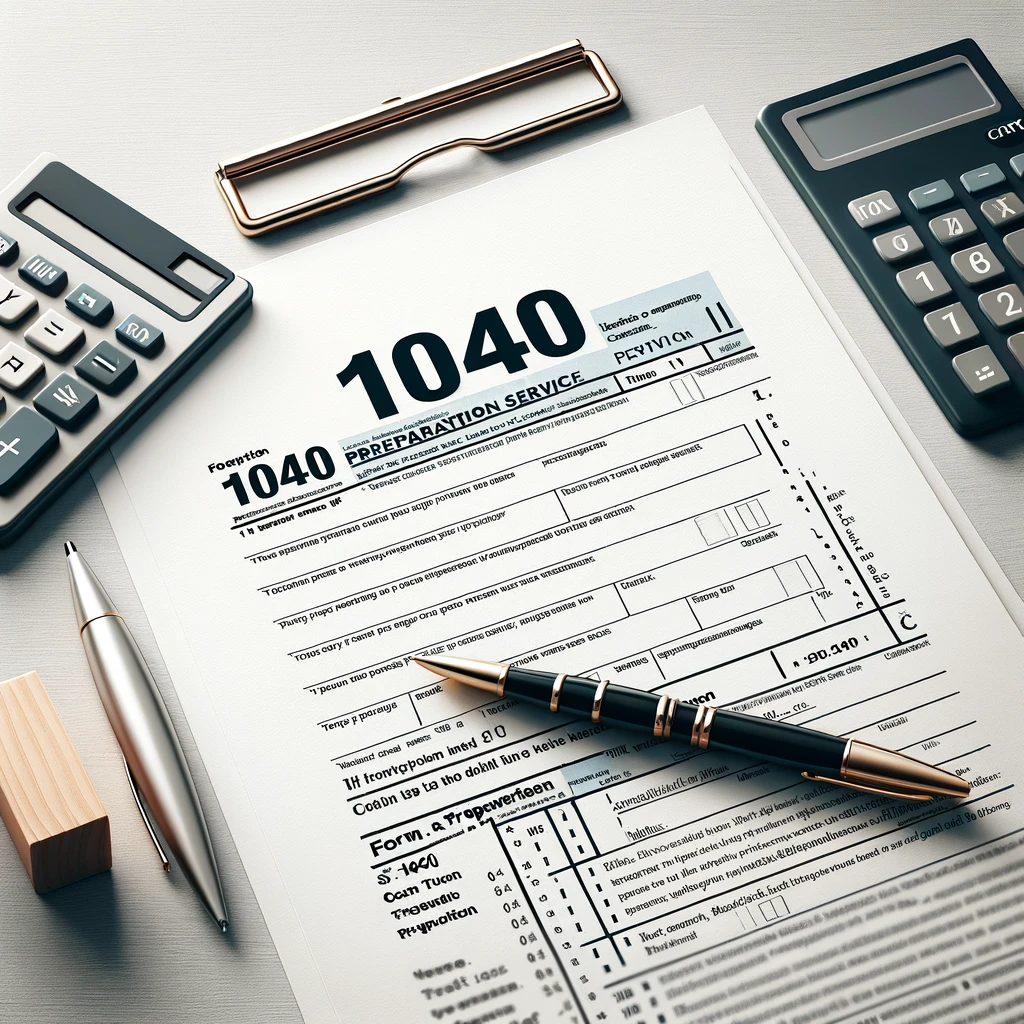 DALL·E 2024-05-20 10.56.23 – Create an image for a tax preparation service featuring Form 1040. The image should be clean and professional, showcasing elements like a Form 1040 do